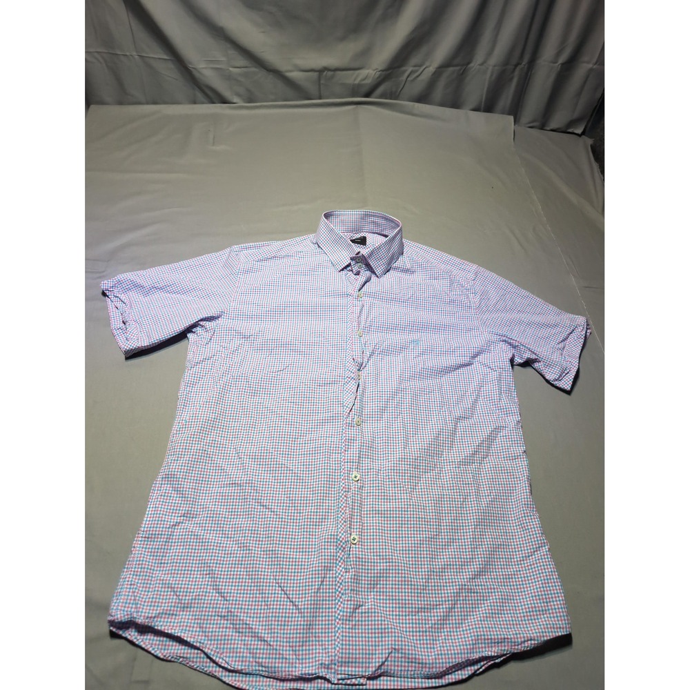 Herbon Basic Shirt Mens Large 100 Blue Pink‎ Checkered Short Sleeve Button Down